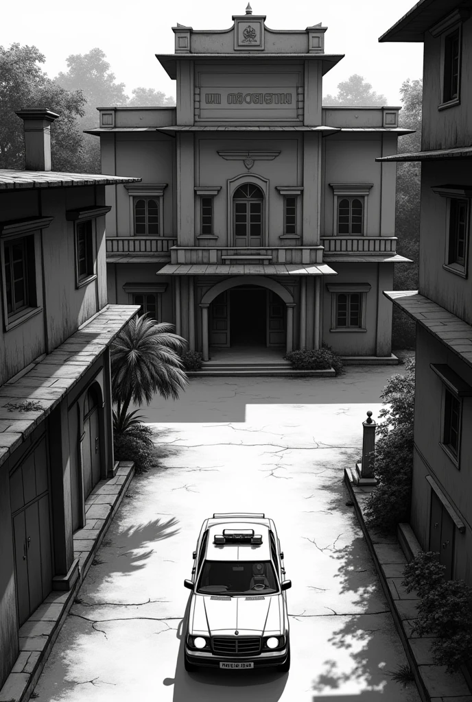 Top angle of a police car entering Indian police station
Make a storyboard in black and white in 8 images panels for a movie 