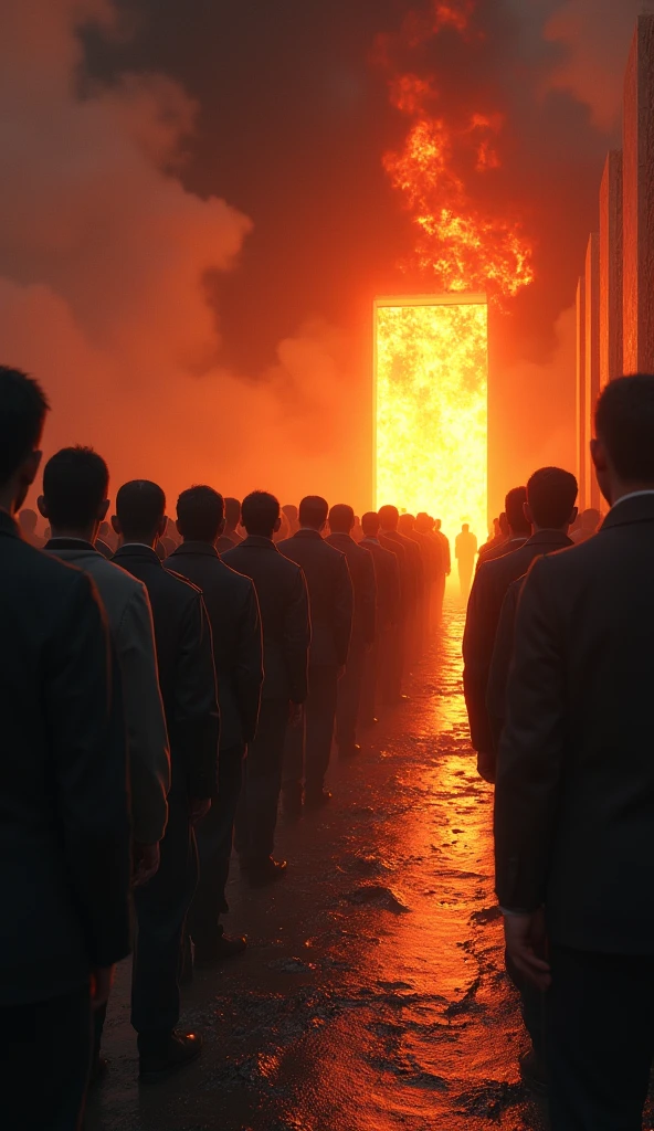 create a queue where it shows a queue of people entering a door filled with flames. the door represents hell.