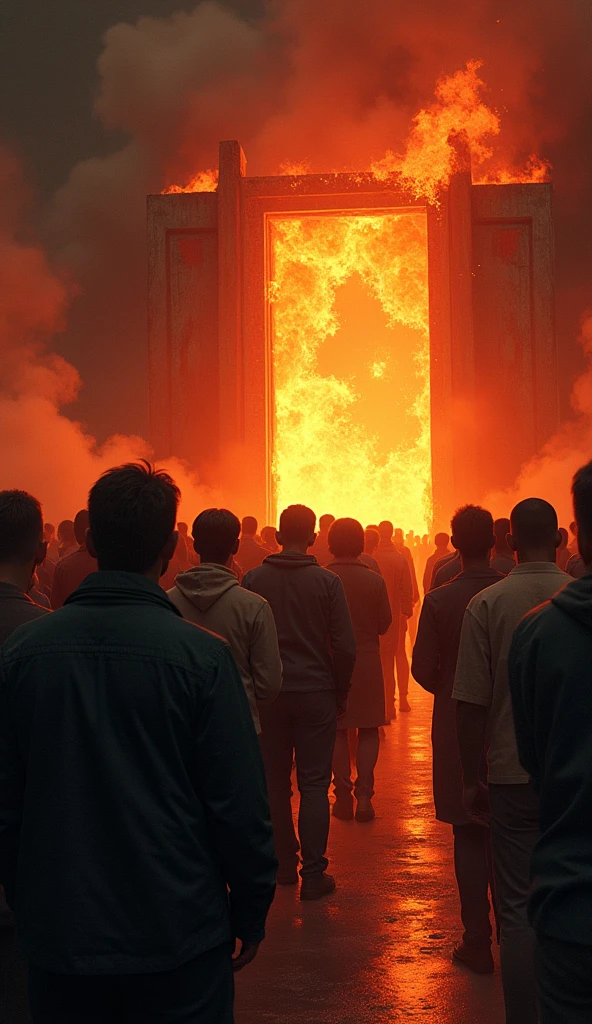 create a queue where it shows a queue of people entering a door filled with flames. the door represents hell.