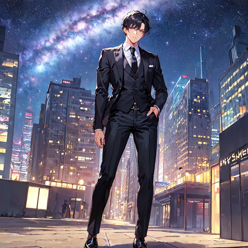 masterpiece,best quality,high quality,(1 male austere handsome solo adult age 30 years old:1.5), purple eyes, cool with suspended eyes, V-shaped eyebrows, body strong and fearless 8.5 head tall, height 185cm, (well-groomed black short hair down to neck:1.4), (bangs 7 thirds parted:1.4), slender nose, facial muscles, throat, (black suit and tie, pants: 1.3), (meeting someone: 1.3), (stylish pose), (cool expression: 1.3), (background city: 1.3), (Milky Way Night Sky: 1.3)