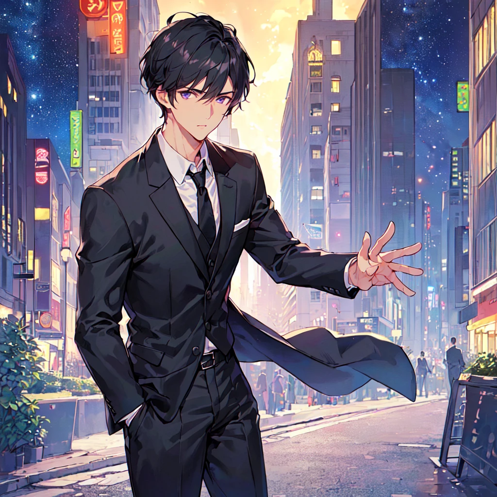masterpiece,best quality,high quality,(1 male austere handsome solo adult age 30 years old:1.5), purple eyes, cool with suspended eyes, V-shaped eyebrows, body strong and fearless 8.5 head tall, height 185cm, (well-groomed black short hair down to neck:1.4), (bangs 7 thirds parted:1.4), slender nose, facial muscles, throat, (black suit and tie, pants: 1.3), (meeting someone: 1.3), (stylish pose), (cool expression: 1.3), (background city: 1.3), (Milky Way Night Sky: 1.3)