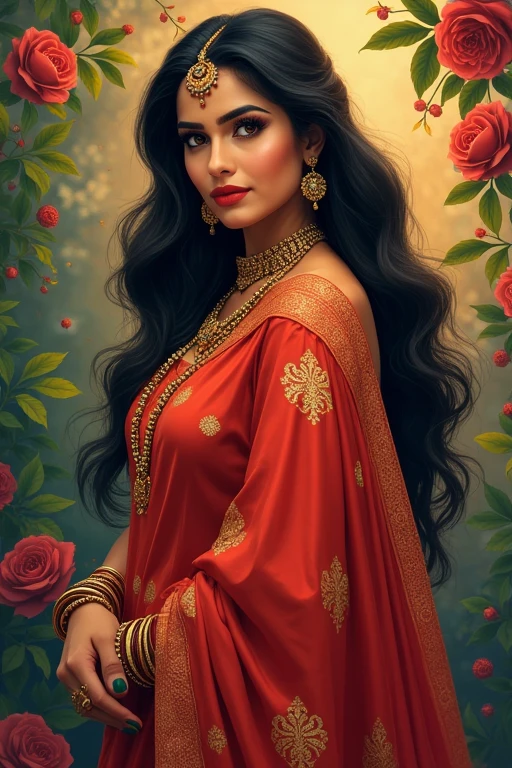 "Create a stunning image of a beautiful Indian chubby woman. She should have long, flowing hair, expressive eyes, and be dressed in a traditional Indian saree.The background should be vibrant,