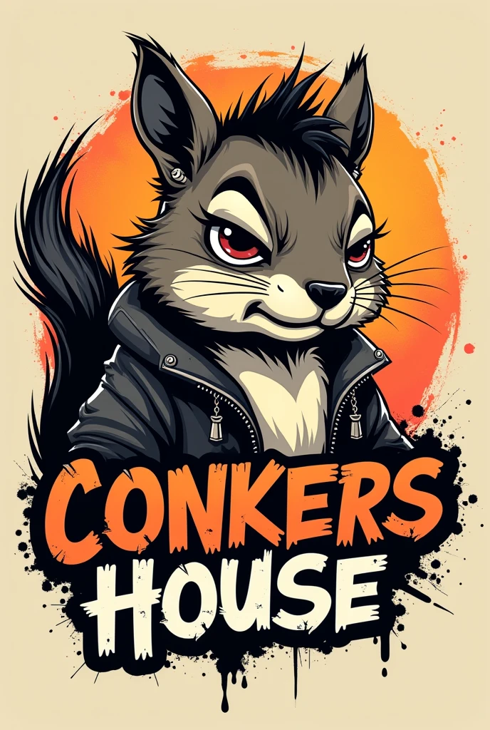 Make a logo with a punk squirrel written Conkers House