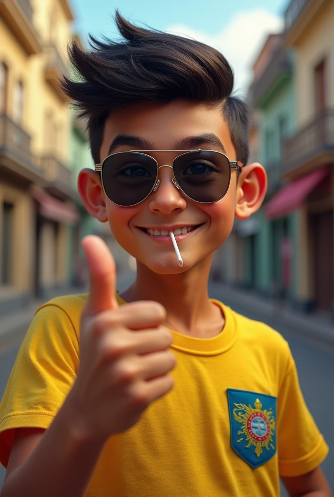 DRAW A 13 YEAR OLD BOY, HE IS CONFIDENT AND LIVES IN BRAZIL IN THE 80S, HE SPORTS A VERY COOL HAIR STYLE, COMBED BACK, AND WEARS AVIATOR SUNGLASSES, HE IS MAKING A SIMPLE THUMBS UP SIGN AND HAS A TOOTHPICK IN HIS MOUTH