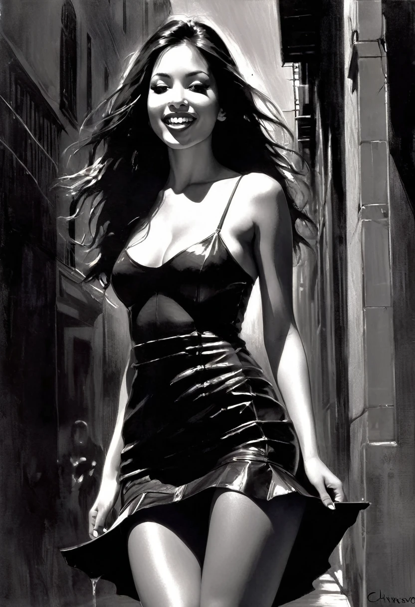 on the city street, in front, very y girl, Colombian, black skin, long hair, wearing a sexress, looks at us, smiles. She lifts her skirt and shows her pantiecism, seck and whitmage, between shadows, oil painting, chiaroscuro, sensual, dramatic lighting, moody atmosphere, photorealistic, intricate details, masterpiece, ultra-detailed, high quality, 8k, best quality, realistic, cinematic, dark and brooding, expressionistic, powerful composition, emotional impact, {{{,{nsfw, fellatio, oral, lickinghands on penis, looking on, cum_in_mouth_on_tongue, facial, bukk}}}, art inspi by Bill Sienkiewicz