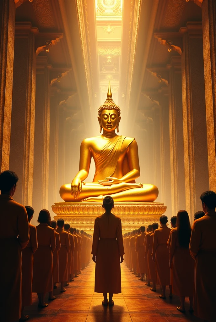 The golden Buddha statue is located in the thai temple hall, surrounded by many people. Faith, reverence, and beautiful colors.