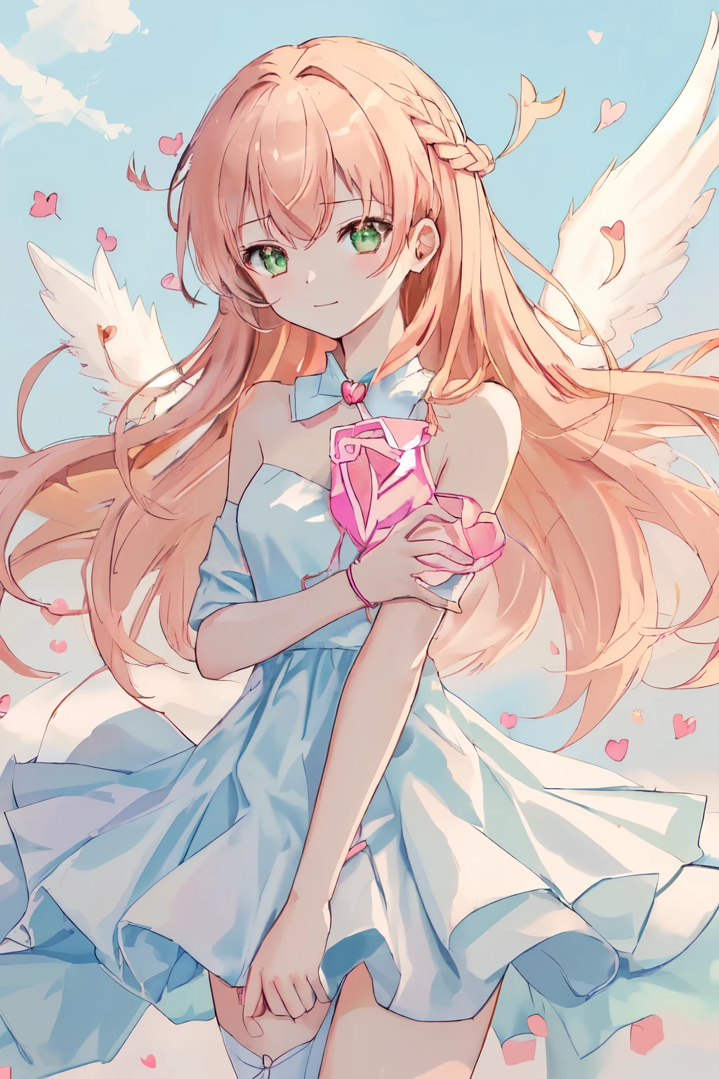 1_girl, (anime, kawai:1.8), (masterpeice, best_quality, clean:1.8), (sky_background:1.2), (cute, cute_smile, wholesome, young:1.5), (delicate, extremely_delicate, beautiful, thin:1.8), (girlfriend, angel:2), (green_eyes:2) (long_hair, blond_hair:1.8), (combat:1.2), (wearing_pink_dress, pink_angel_wings:1.6), (tease:1.5), (combat:1.2), extremely_delicate, (love_magic:1.5), (age_size_fits_body), (small_thighs:1.3), (breasts), (eye_level:1.3), (heart_magic, love:1.8), (warm:1.8), (folded_legs:1.5), (cheerful:1.2)