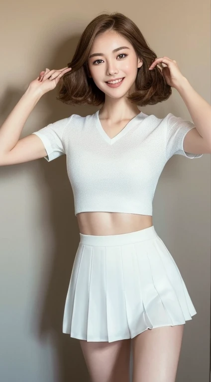 ((Highest quality, 8k, masterpiece :1.3)), 1 person, beautiful woman with slim abs :1.3, (Hairstyle is free :1.2), short white t-shirt :1.2, Ultra-fine face, Delicate eyes, double eyelid, Underarm、mini skirt、Pleats、Thin legs、Beautiful thighs、Clean calves、smile