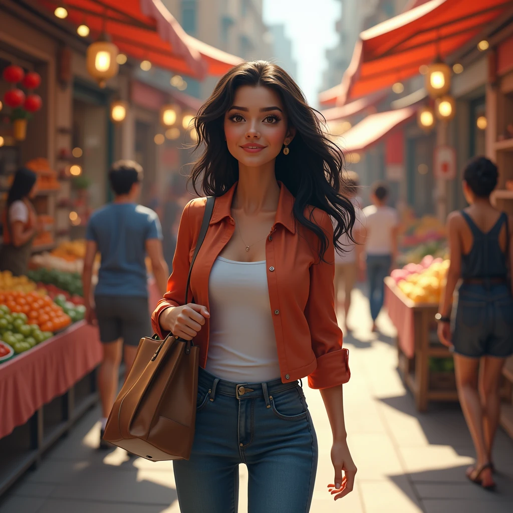 pretty brunette woman doing shopping realistic
