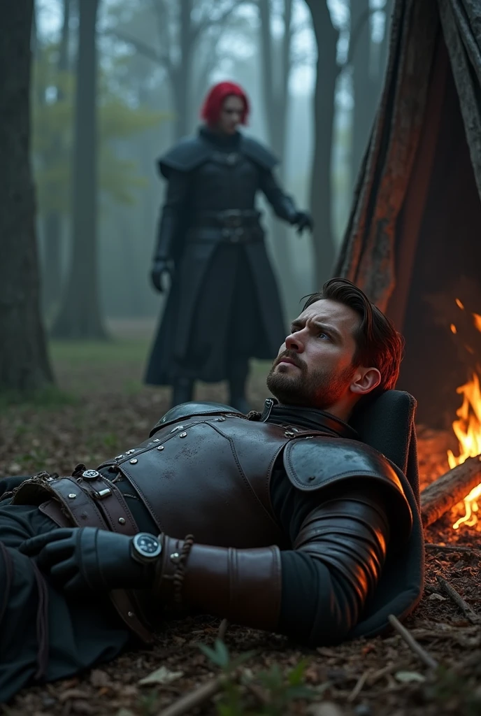 Draw actor Karl Urban lying down in a medieval camp, with his ranger armor, being watched from afar by a male vampire with red hair. 8k, suspenseful atmosphere