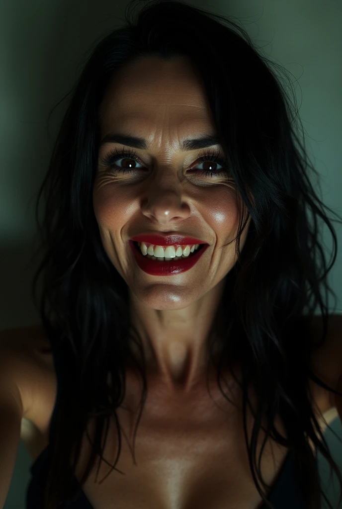 Female dominatrix aged 60, thin very white wrinkles, pose for selfie not Instagram, NUDE, smiling showing teeth, heavy makeup with long black hair and black eyes looking at the camera, detailed photo, realistic lighting, top quality real skin: 1.4, Enhanced cinematic lighting: 0.9,hyperrealisti: 1.4, (soft lighting: 1.05) moving figure, sexy dominant pose, domination, mistress, BDSM