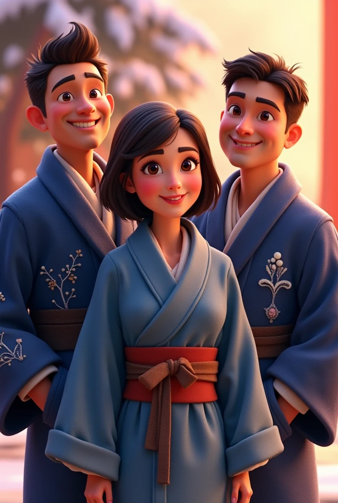 Disney Pixar cartoon image of the middle man brown, short hair, and she has to have brown and white men behind her, She's just a black-haired woman. All wearing dark blue winter kimonos and all happy