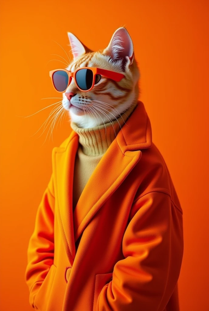 The best mobile wallpaper, Award-winning wallpaper, Portrait Photography, In front view is a portrait of a cute cat wearing 1960s mid-century space-age fashion, Side view shot, Shot with Canon EOS R5, Setting a stark contrast that accentuates the subject, Fluorescent orange shade, Wearing a very fashionable lounge coat and sunglasses are a hip 1960s style, Clothing all in one color, Beautiful background