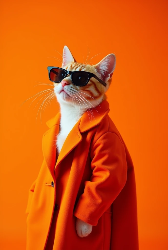 The best mobile wallpaper, Award-winning wallpaper, Portrait Photography, In front view is a portrait of a cute cat wearing 1960s mid-century space-age fashion, Side view shot, Shot with Canon EOS R5, Setting a stark contrast that accentuates the subject, Fluorescent orange shade, Wearing a very fashionable lounge coat and sunglasses are a hip 1960s style, Clothing all in one color, Beautiful background