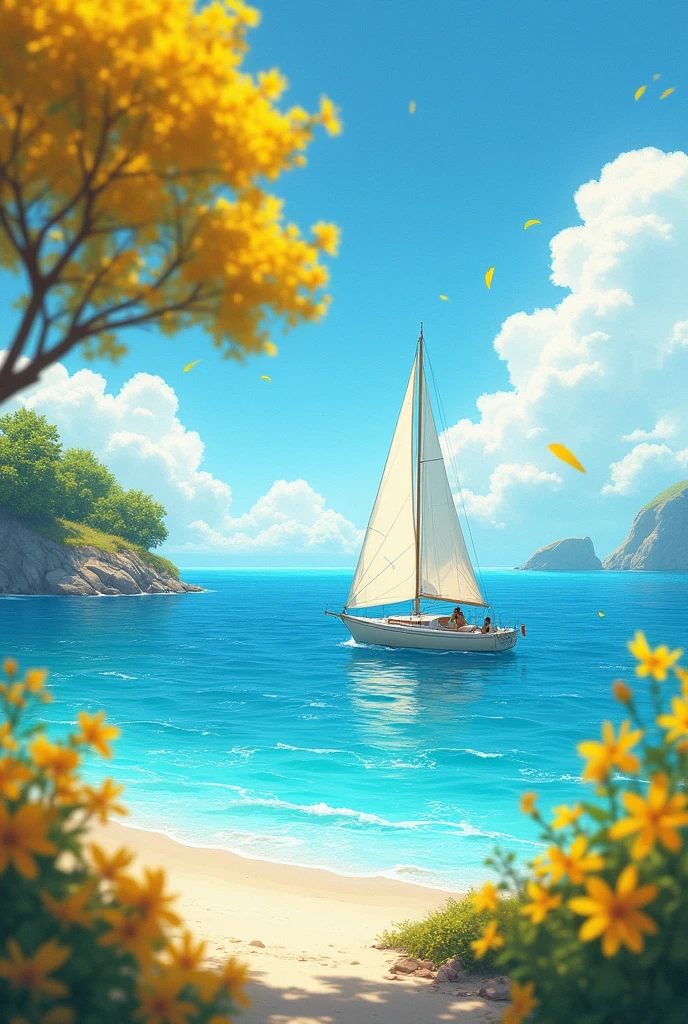 A beach with yellow guaiac trees and a sailboat in the sea
