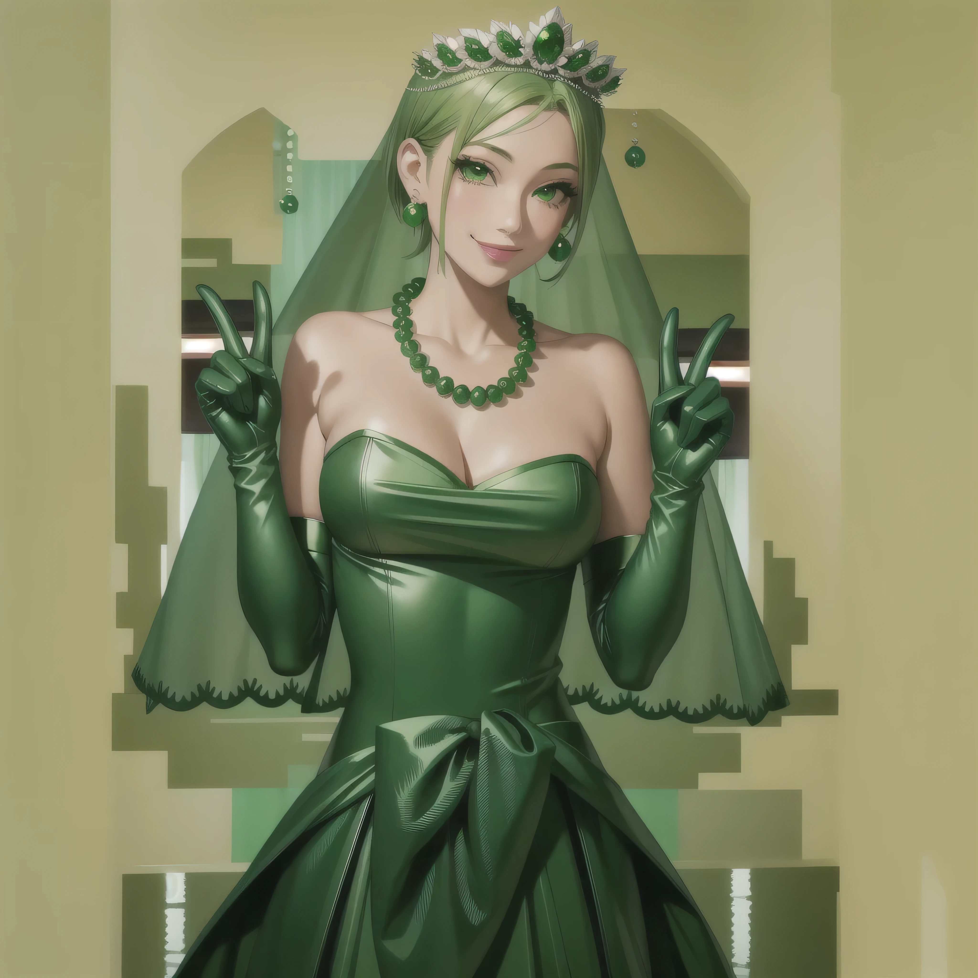 Emerald tiara, Green Pearl Necklace, Boyish very short green hair, Green Lips, Smiling Japanese woman, Very short hair, Busty beautiful lady, Green Eyes, Green satin long gloves, Green Eyes, Emerald Earrings, Green veil, All, Green Hair, Beautiful Japanese Woman, green lip gloss