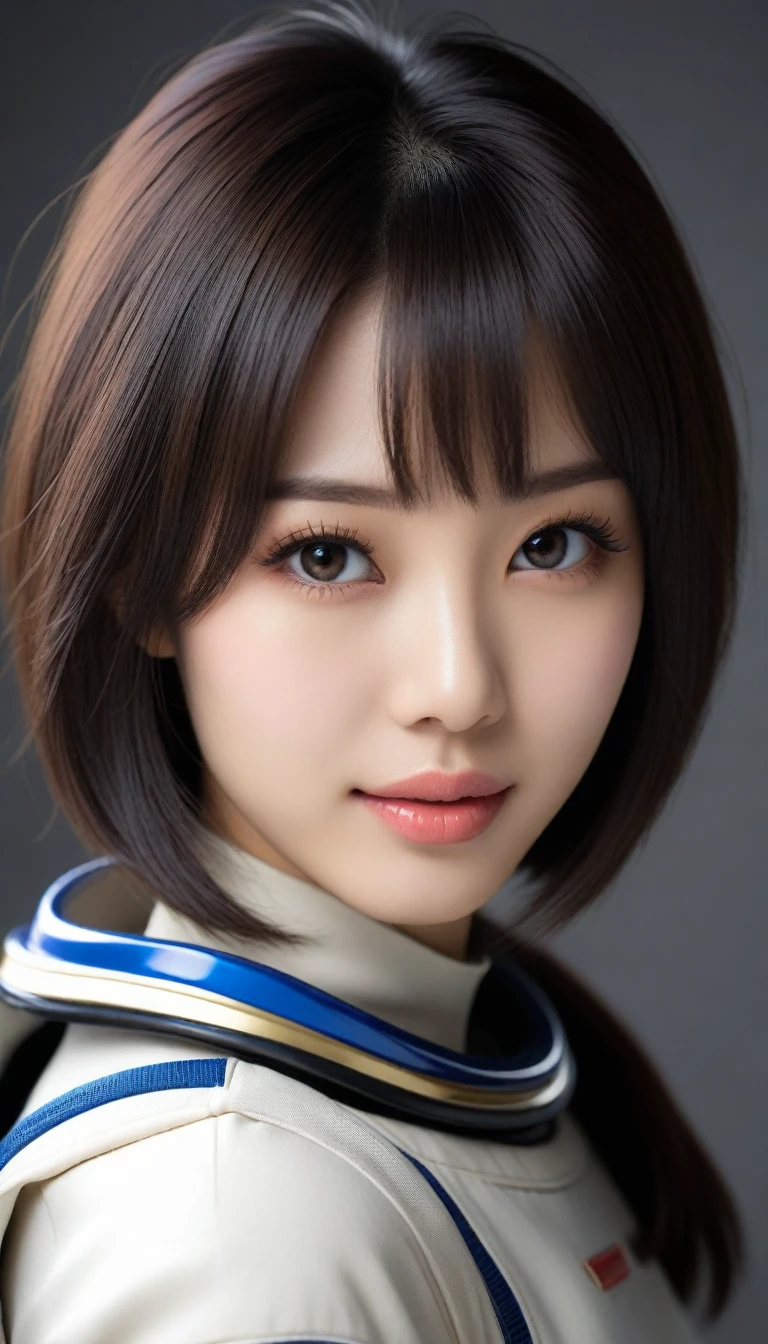 8k, Ultra-high resolution, Highest quality, masterpiece, 三分割法によるphotograph,Surreal, photograph, 1 , (:1.3), cute, cute顔, 細部までBeautiful Eyes, 細かくdetailedに,masterpiece,One Girl:1.2,Japanese women,Young Wife,upper body,smile,Black hair,Bob with bangs,(Space Suit:1.3),(Beautiful attention to detail),Subtle details, detailedな顔, smile,魅力的なsmile,Gray background,(ポートレートphotograph:1.4),(Photorealistic images:1.4),Fantasy art,(Beautiful Face:1.4),Beautiful and attractive eyes、Beautiful Eyes、(Tight waist:1.4)、(Beautiful with perfect body proportions:1.4),Pink Lips,(((Ideal body type))),A-cup small breasts :2,Perfect Anatomy、鮮明なdetailed、detailed,Fashion magazine cover,Thin lips,完璧でBeautiful Face ,完璧でcute顔, Skin with attention to detail, Perfect limbs、Narrow waist,Surreal,Light and shadow,spotlight