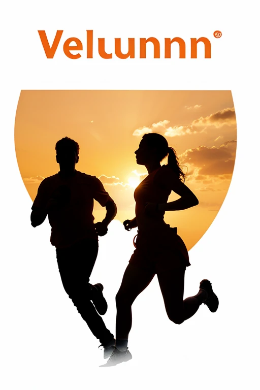 Logo that shows the word VolunTeam, At the top of that word, include a silhouette of a man and a woman running. The colors must be red, white, brown and orange.