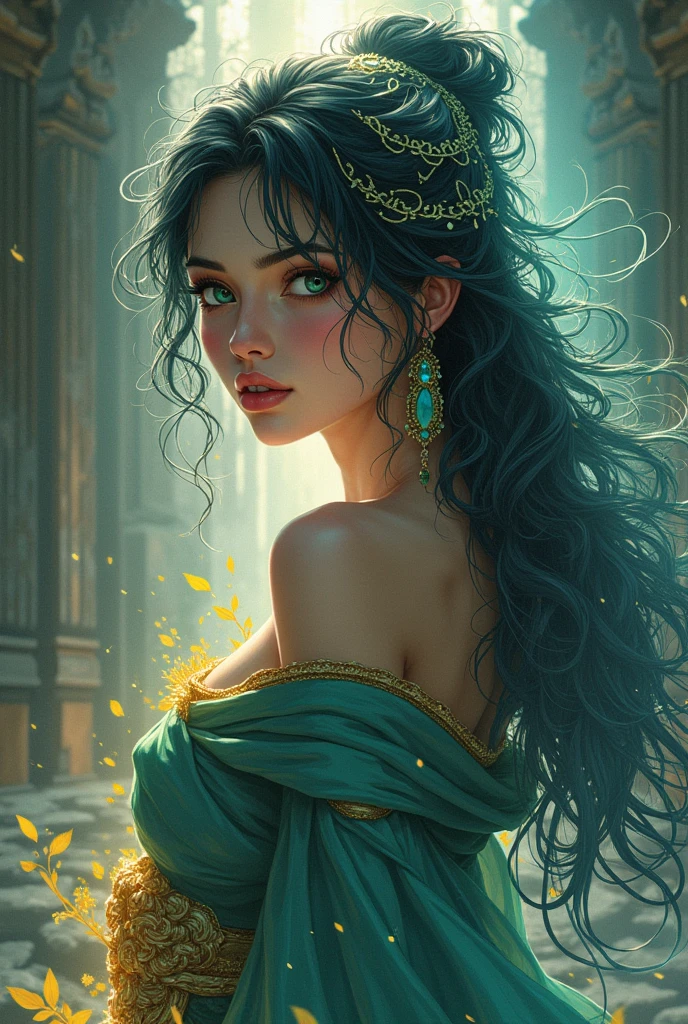 A pretty woman. But not just any one. Such a woman, a goddess, deusa dthe elements. She has a strong aura, characteristics aimed at your powers, the elements. She is a fearless woman, with a striking face and look, the same with its characteristics. Anime-inspired image style, focused on Blood of Zeus