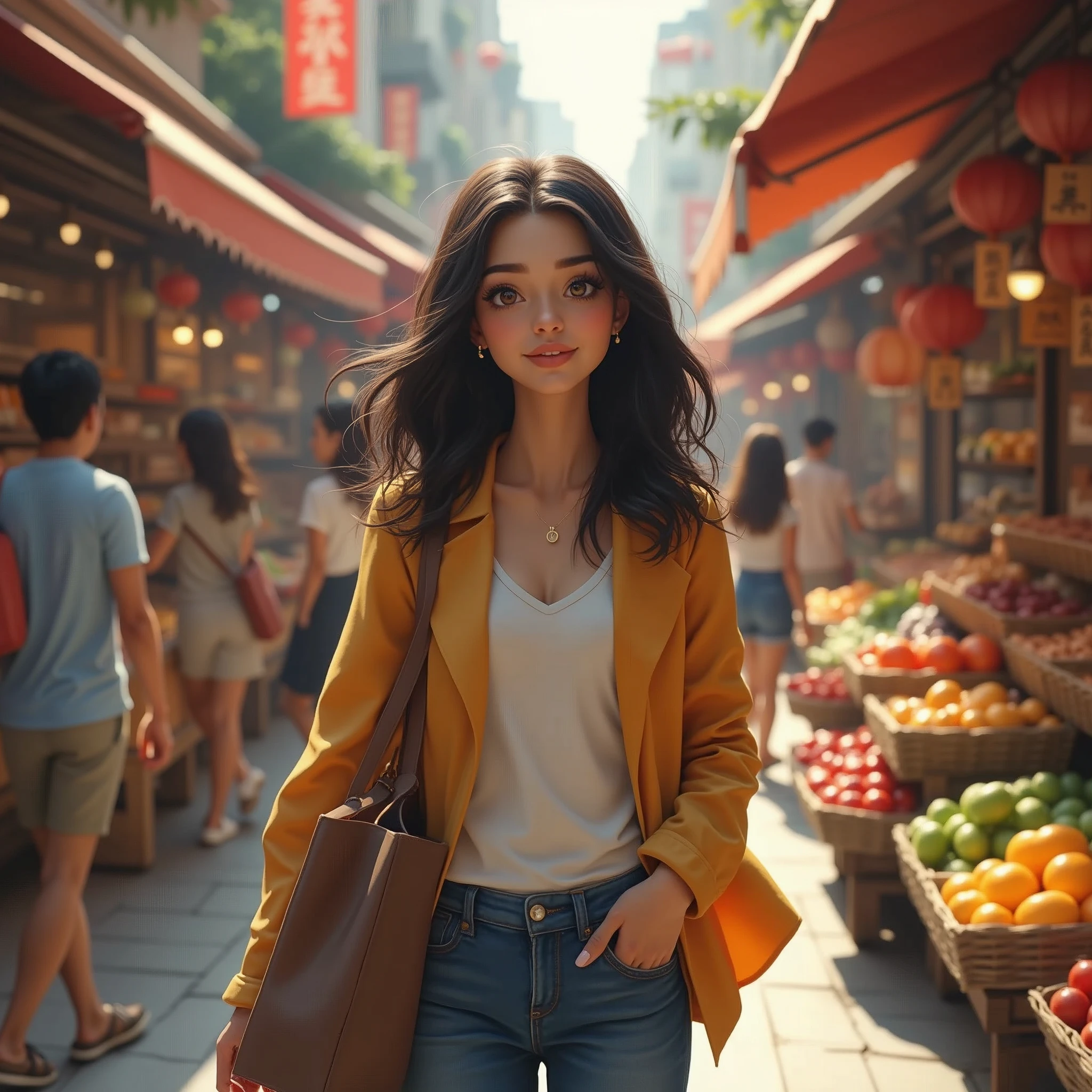 pretty brunette woman doing shopping realistic
