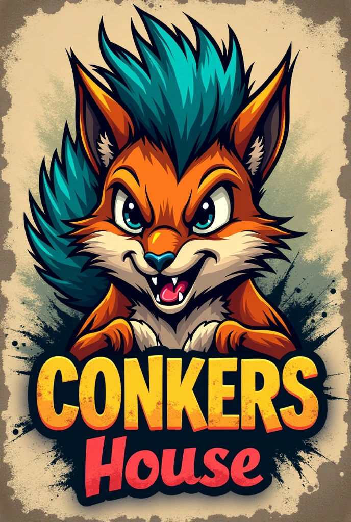 Make a logo with a punk squirrel written Conkers House