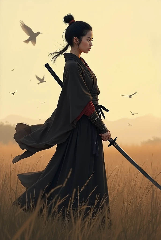 A lone samurai woman standing in a peaceful field at dusk, ready to draw her katana. She is wearing traditional samurai attire from the Sengoku period of Japan, consisting of a black and dark brown kimono-style robe with wide sleeves, tied with a dark obi around her waist. Her right hand is gripping the hilt of her katana, positioned near her waist as she prepares to draw it, while her left hand is steadying the sheath. Her posture is tense but focused, capturing the precise moment before action. Her hair is tied up in a traditional warrior style, and her face shows calm determination. The scene is set in a quiet field with tall grasses swaying gently in the wind, under the fading light of dusk. The color palette is soft and muted, with earthy tones for both the environment and her attire, and the background is simple, with birds flying in the distance."Additional Parameters:Style: Realistic, with a focus on action and tension in the poseLighting: Soft dusk lighting with warm, fading sunlight casting long shadowsColors: Dark black and brown tones for the attire, earthy and muted tones for the grass and skyComposition: The samurai woman centered, in a poised stance, with her katana halfway drawn, the quiet field around her creating a sense of serenity and focusEnvironment: Quiet field at dusk, soft wind moving the tall grass, birds flying in the distance