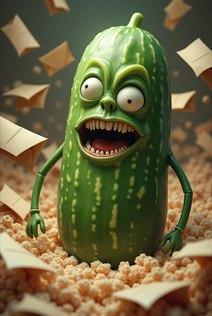 A crazy cucumber with envelopes overflowing with poop