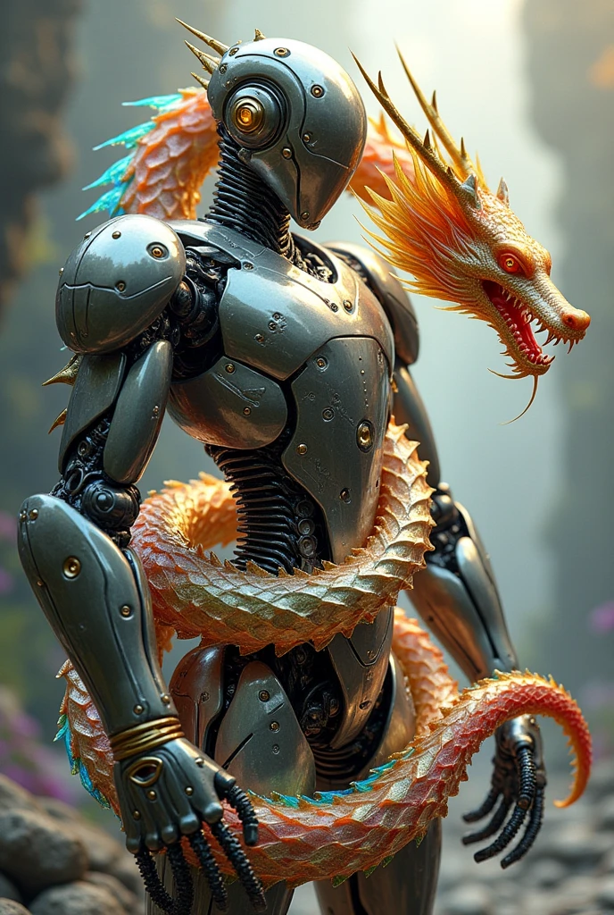 metal robot, Chinese dragon, beautiful art glass, color gold blue red green black.