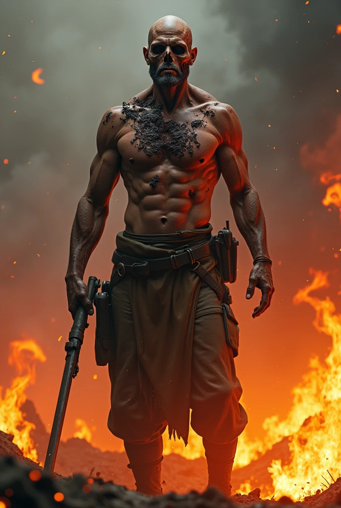 Create an image of a soldier surrounded by fire that separates his skin from his skull.