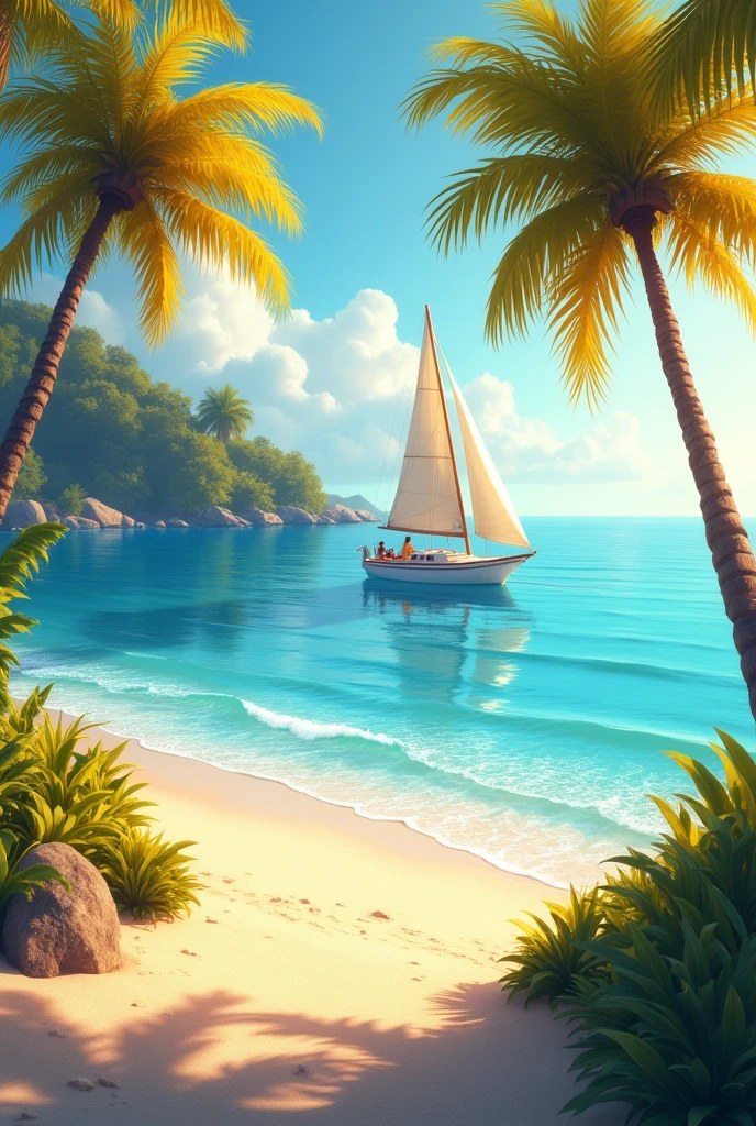 A beach with yellow guaiac trees and a sailboat in the sea