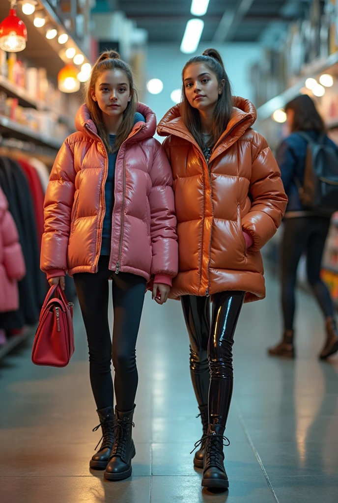 a slim ponytail 16 year old girl and her bestie walking in a pufferstore,beautiful detailed eyes,beautiful freckles,beautiful detailed lips,extremely detailed eyes and face,longeyelashes, wearing beautiful detailed full length skintight airtight hood covering her head formfitting duvetica overfilled shiny super gleamy super thick glossy transparent puffer vest covering over her super padded high-collared transparent pufferjacket, shiny latex leggings,symmetrical,masterpiece,cinematic,lifelike,hyperrealistic,8k,photorealistic,highly detailed,intricate,exquisite,elegant,beautiful,stunning