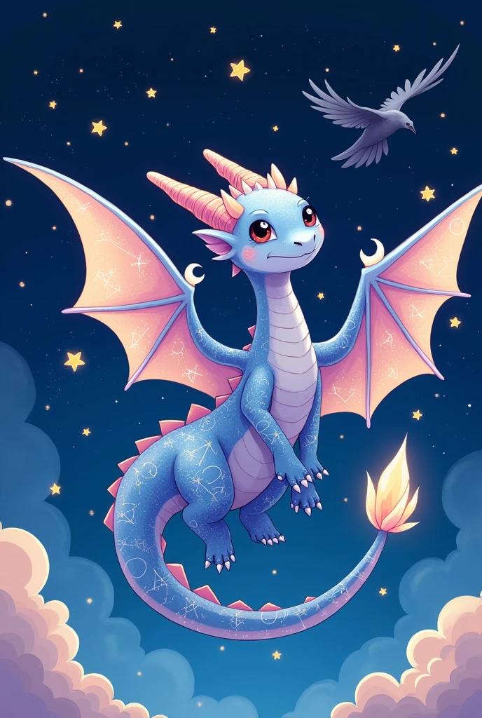 A baby dragon that has the constellations imprinted on its majestic wings and skin: of the dragon, of the raven and many stars, in a cartoon anime style and this semi-flying