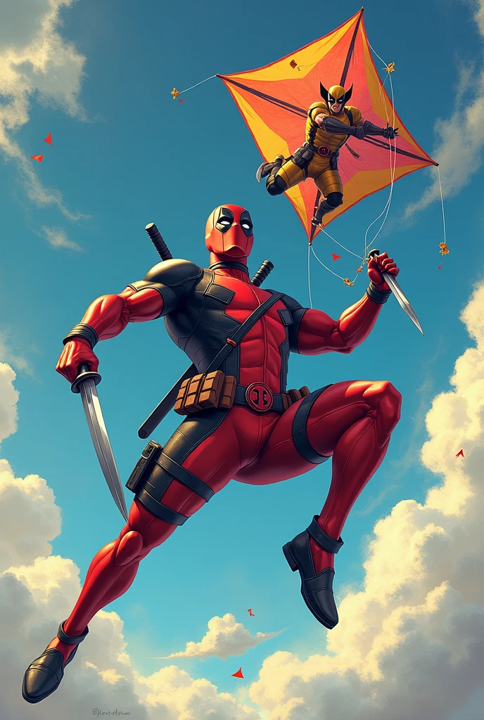 Deadpool flying a kite and cutting Wolverine 