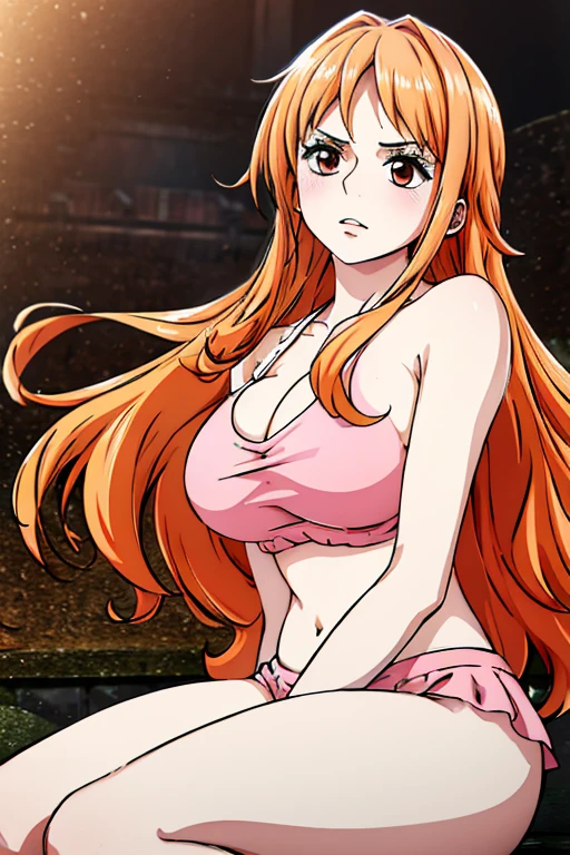 Long Hair, Silky orange hair,Pinkish white skin,Chewy skin,Large Breasts, Marshmallow-like breasts,Highly detailed CG illustration,Chewy thighs,beautiful,((High resolution)), (((Highest quality ))),リアルなbeautiful肌,pale pink lips,(masterpiece),One person, Gaze,