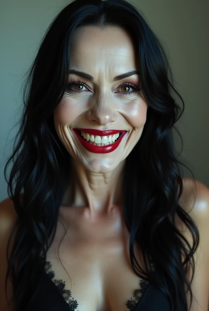 Female dominatrix aged 60, thin very white wrinkles, pose for selfie not Instagram, NUDE, smiling showing teeth, heavy makeup with long black hair and black eyes looking at the camera, detailed photo, realistic lighting, top quality real skin: 1.4, Enhanced cinematic lighting: 0.9,hyperrealisti: 1.4, (soft lighting: 1.05) moving figure, sexy dominant pose, domination, mistress, BDSM
