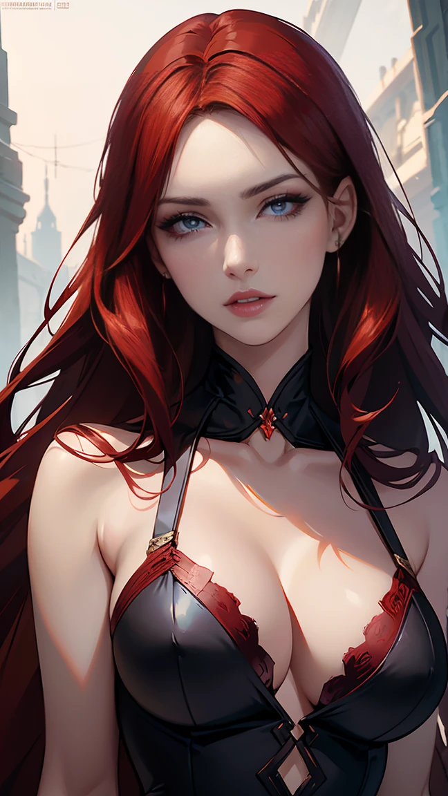 a beautiful young vampire woman with long curly fiery red hair flowing to her waist, elongated oval face, reddish-orange eyes, button nose, tall and slender figure, red full lips, pale porcelain skin, wearing a dark blue translucent top, yellow crest neck jewelry, detailed portrait, dramatic lighting, highly detailed, photorealistic, 8k, art by artgerm and greg rutkowski