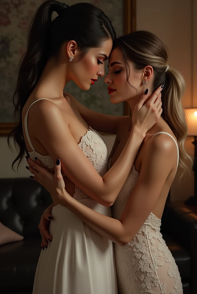 The first woman is holding the waist of the second woman. The second woman is wearing an elegant white lace evening dress. The first woman dress like boss.The second woman wrapped her arms around the first woman's neck. The first woman wrapped her arms around the second woman's waist. The first woman tied her hair into a tight ponytail. The second woman is also a bit brunette and has light hair. They look at each other and are very close. The first woman has long nails. The first woman wore black nail polish. The second woman also has medium-sized nails and wears white nail polish. the first woman grins.the first woman have lighter skin.First woman more taller the second woman.