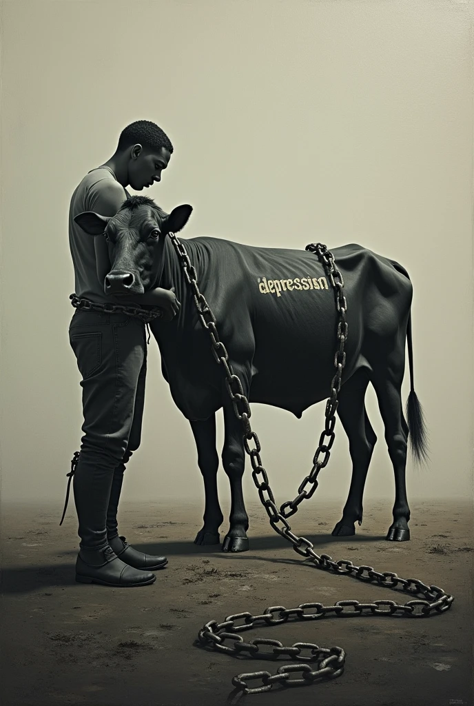 A person with chains which go to a cow that has the word depression written on it