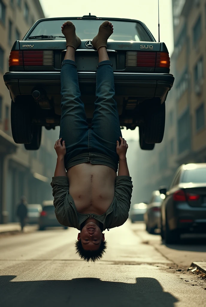 Overweight man upside down behind a car 8k realistic image