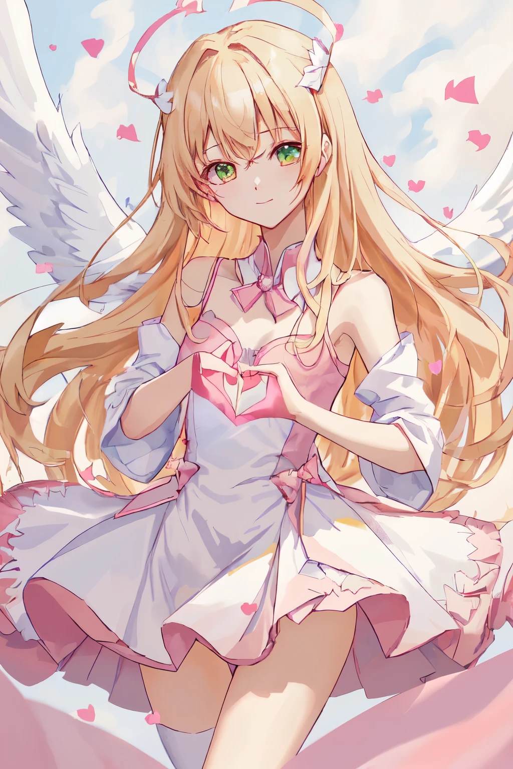 1_girl, (anime, kawai:1.8), (masterpeice, best_quality, clean:1.8), (sky_background:1.2), (cute, cute_smile, wholesome, young:1.5), (delicate, extremely_delicate, beautiful, thin:1.8), (girlfriend, angel:2), (green_eyes:2) (long_hair, blond_hair:1.8), (combat:1.2), (wearing_pink_dress, pink_angel_wings:1.6), (tease:1.5), (combat:1.2), extremely_delicate, (love_magic:1.5), (age_size_fits_body), (small_thighs:1.3), (breasts), (eye_level:1.3), (heart_magic, love:1.8), (warm:1.8), (folded_legs:1.5), (cheerful:1.2)