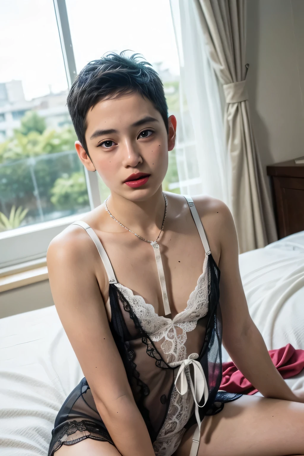 Spread, ((SLEEPING FEMBOY)), (((SAD FACE EXPRESSION:1.1)), ((NECK LACE RIBBON)), ((GOTHIC EYELASHES & LIPS)), ((LIPS)), ((boy very shorthaircut)), adorable, 1 girl, (face to face), , baby face, happy, half body portrait, (face details: 1), (eye details: 1), ((tiny breasts)). ((Lace V-neck ice silk suspender nightdress)), ((net stockings)), lingerie ((red lips)), lie down (((RED NAKED)))