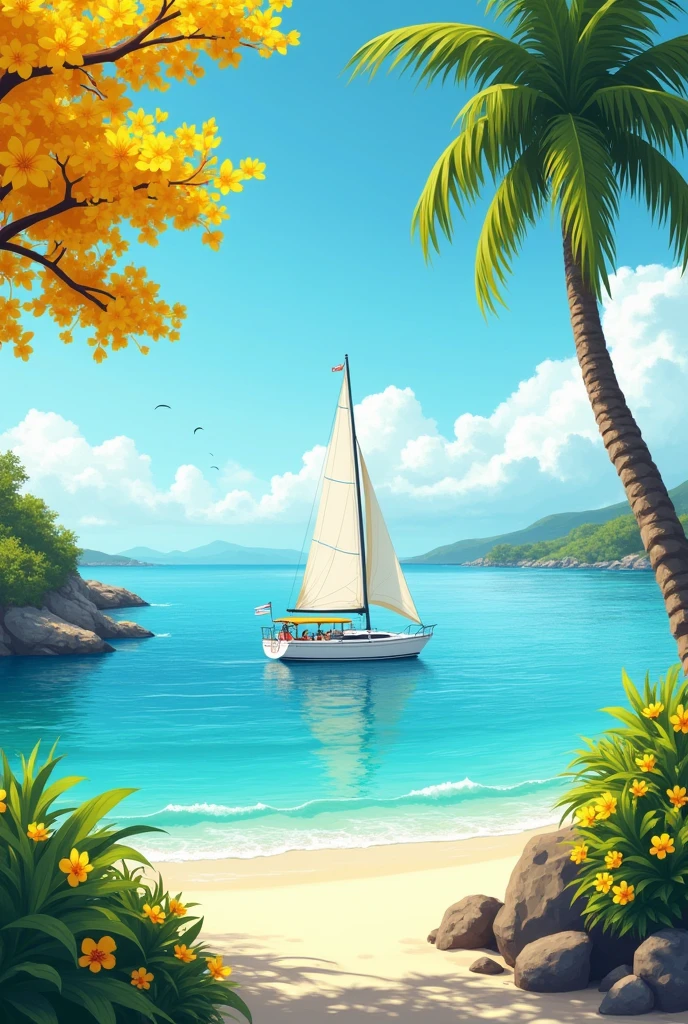 A beach with yellow guayacan trees and a sailboat in the sea suitable for a logo 