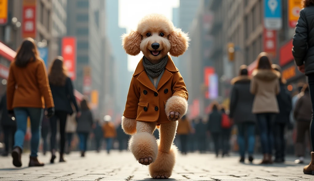 Create a photorealistic 8k image of a Poodle dog walking like a human. Its hands are ultra realistic dog paws. It's a model wearing fashionable clothing in an environment filled with humans and cars.