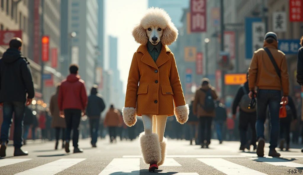 Create a photorealistic 8k image of a Poodle dog walking like a human. Its hands are ultra realistic dog paws. It's a model wearing fashionable clothing in an environment filled with humans and cars.