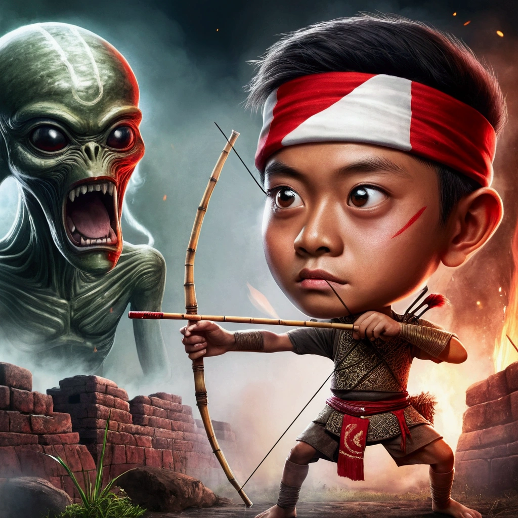 a 25 year old Indonesian young man wearing a red and white headband wearing ancient war soldier clothes aiming at a target with a sharpened bamboo stick. in front of him was a scary alien figure. The background on the fort with a smoky burning effect has the words "RubyART"