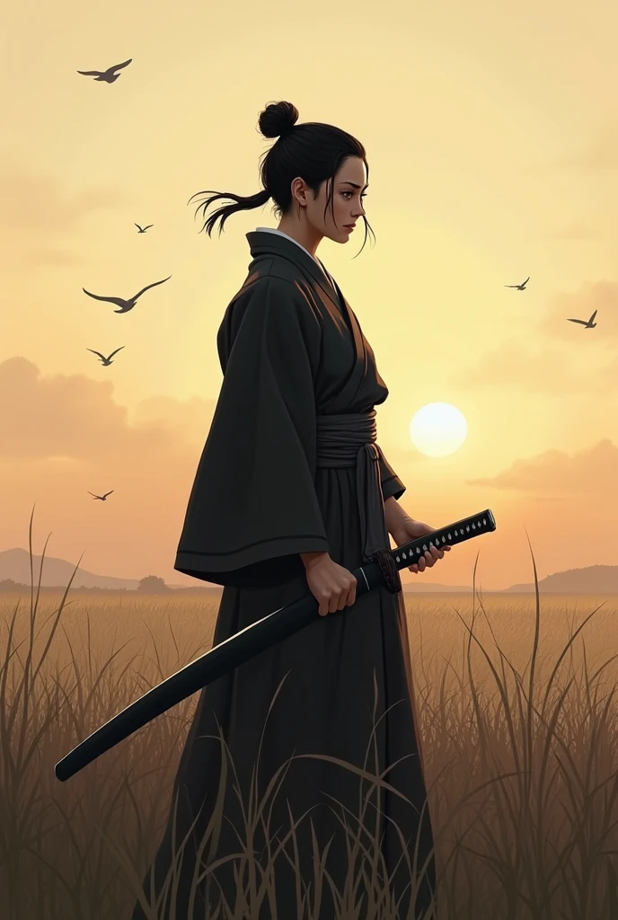 A lone samurai woman standing in a peaceful field at dusk, ready to draw her katana. She is wearing traditional samurai attire from the Sengoku period of Japan, consisting of a black and dark brown kimono-style robe with wide sleeves, tied with a dark obi around her waist. Her right hand is gripping the hilt of her katana, positioned near her waist as she prepares to draw it, while her left hand is steadying the sheath. Her posture is tense but focused, capturing the precise moment before action. Her hair is tied up in a traditional warrior style, and her face shows calm determination. The scene is set in a quiet field with tall grasses swaying gently in the wind, under the fading light of dusk. The color palette is soft and muted, with earthy tones for both the environment and her attire, and the background is simple, with birds flying in the distance."Additional Parameters:Style: Realistic, with a focus on action and tension in the poseLighting: Soft dusk lighting with warm, fading sunlight casting long shadowsColors: Dark black and brown tones for the attire, earthy and muted tones for the grass and skyComposition: The samurai woman centered, in a poised stance, with her katana halfway drawn, the quiet field around her creating a sense of serenity and focusEnvironment: Quiet field at dusk, soft wind moving the tall grass, birds flying in the distance,(hair down),