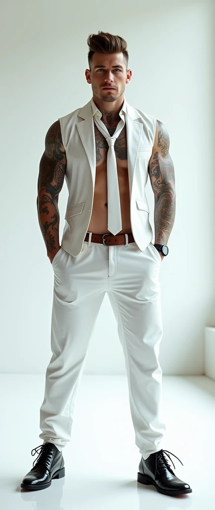 Fullbody standing picture of white skin Handsome muscular horny nude sexy gay man wearing tight skinny shiny white vinyl suit with tie, shiny black Disconnected Pompadour oiled hair style, blue eyes, shiny brown varnished vinyl shoes, brown belt, red lip, chain, tattoos, horny, cum shot, sperm, milking penis, very big penis, very big testicle, shiny oiled skin, orgasm, oversexed, masturbation, standing at white lighting show room.