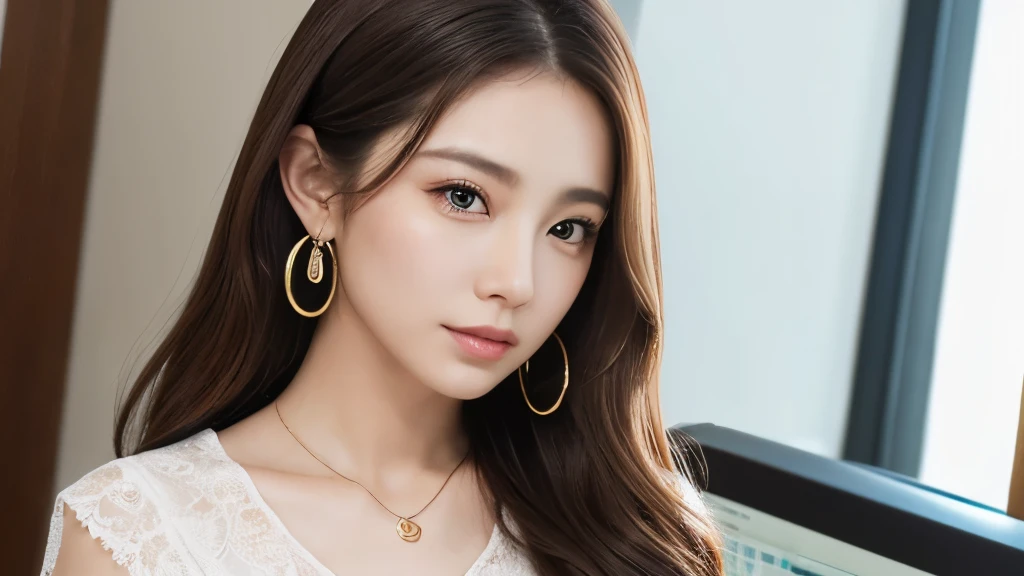 Highest quality、High resolution、8k wallpaper、Dense and beautiful eye-glue hair、(Beautiful breasts:1.3)、Natural color lip、25歳のwoman、woman、Brown Hair、A strange look、Tilt your head、Semi-long hair、Hair tied up、Wearing a necklace and earrings、Frilly black blouse、work、Short sleeves、indoor、IT industry、Large office、Receptionist
