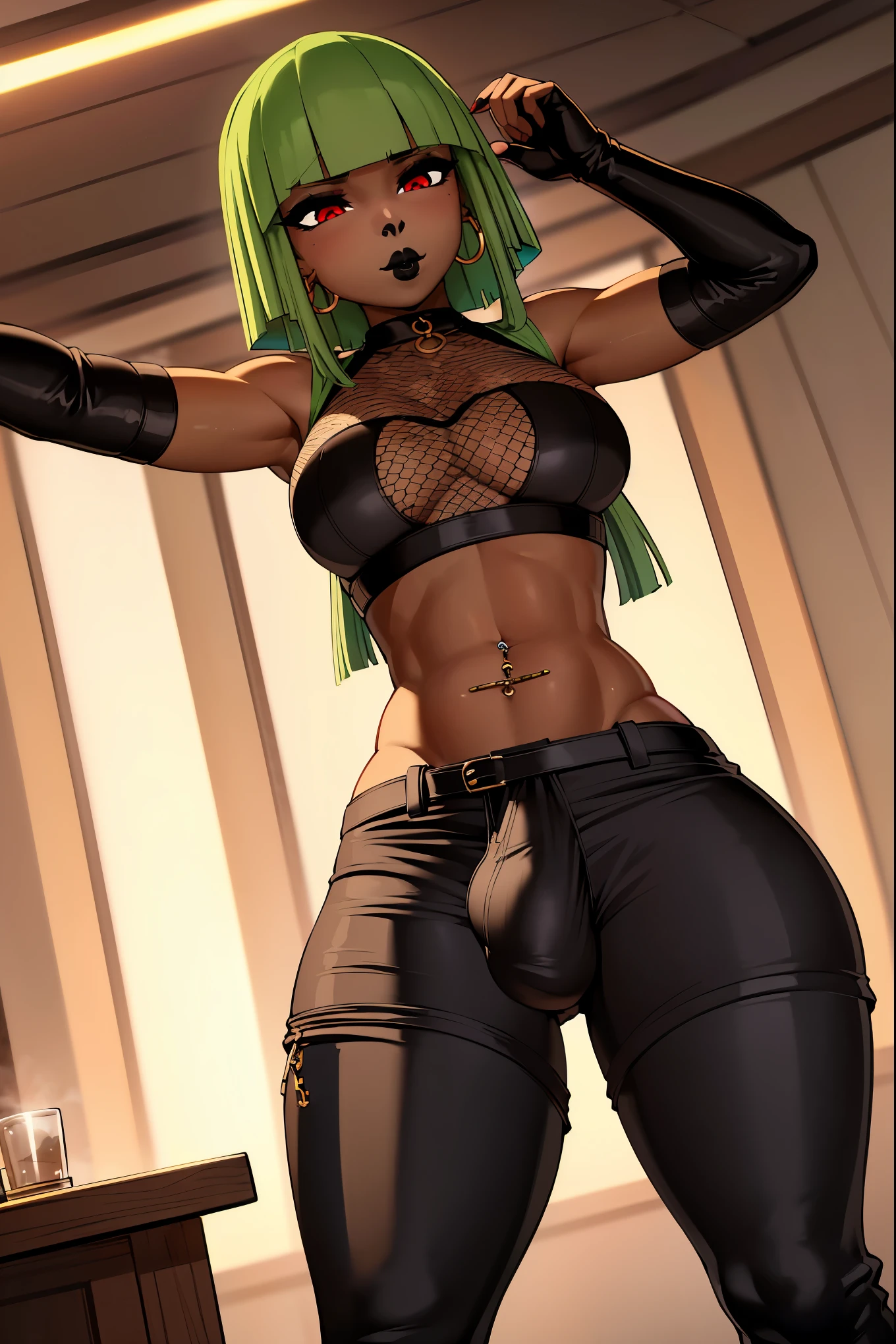 (solo:1.1),(masterpiece), (best quality:1.3), highly detailed, intricate, professional art, digital art, absurdres, confidant, emerald sustrai, futanari emerald sustrai wearing a fishnet-crop-top with arm gloves and pants confidently in a club,(Black see through top:1.4), (pants:1.6), 1girl, solo, (dark skin:1.5), green hair, bob hair, gold hoop earrings, gold jewellery, ab lines,(gold navel piercing:1.1), detailed stomach, red eye colour, dark skin, average breasts, (aroused:1.2), (futanari:1.1), (wide hips:1.4), (makeup 1:1), beestung lips, (black lipstick:1.3), large penis, panty straps riding hips, (large crotch bulge:1.4), crotch bulge, large testicles , furniture, frontal view, universal lighting