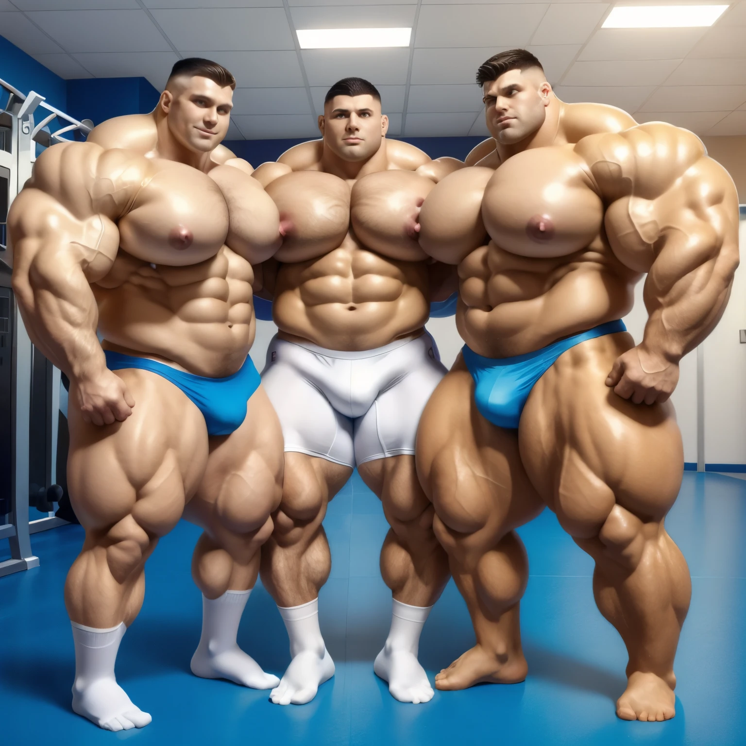 gym lockerroom, full bodies view , 3 different white european oversized massive bodybuilded males with clean shaved undercut haircuts, totally over-bloated shoulders, pecs, biceps and abs, 976 kg of swollen roided muscles, admiring each other's infinitely muscle maxovergrowth. arrogantly flexing triple-biceps. much hairy, wearing white lycra sport shorts and white socks, no shoes, embracing . their white socks must be seen